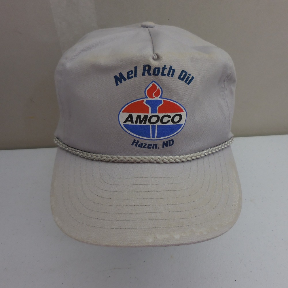 Vintage Nissin Cap Amoco Mel Roth Oil Hazen ND Gray Rope Trucker Hat Adjustable